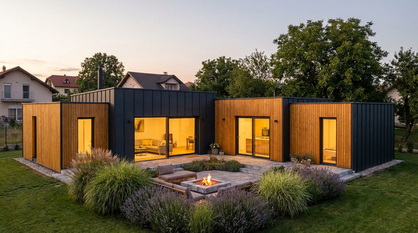 Moderna montažna kuća od drveta sa velikim prozorima u sumrak