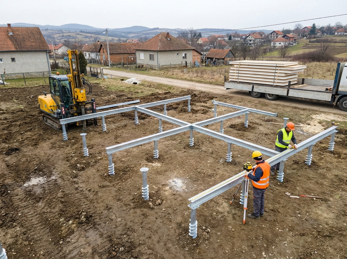 Gradilište sa temeljima i šipovima za montažnu kuću