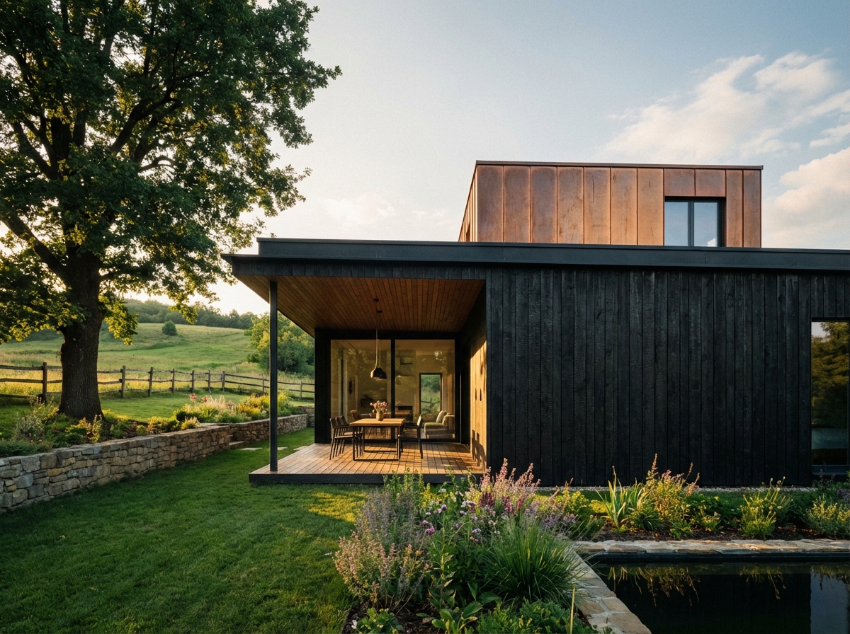 Moderna vila sa drvenom fasadom i baštom — projekat Prefab Dom