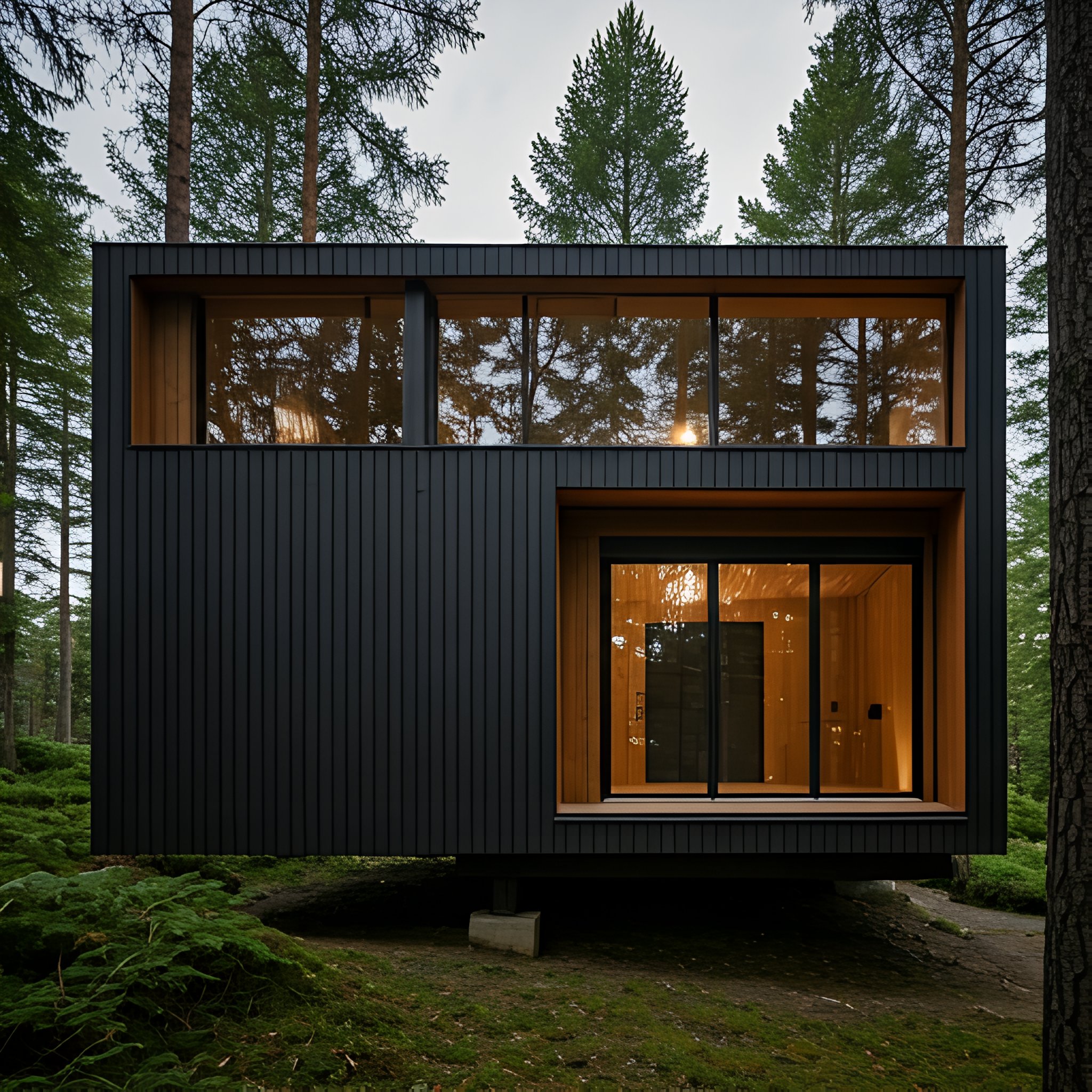 Moderna modularna kuća od tamnog drveta u prirodi